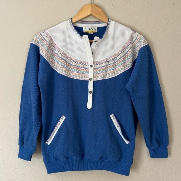 Vintage Cable Knit 1/4 Button Pullover Sweater Floral Silver Button Front Pocket - Picture 1 of 8